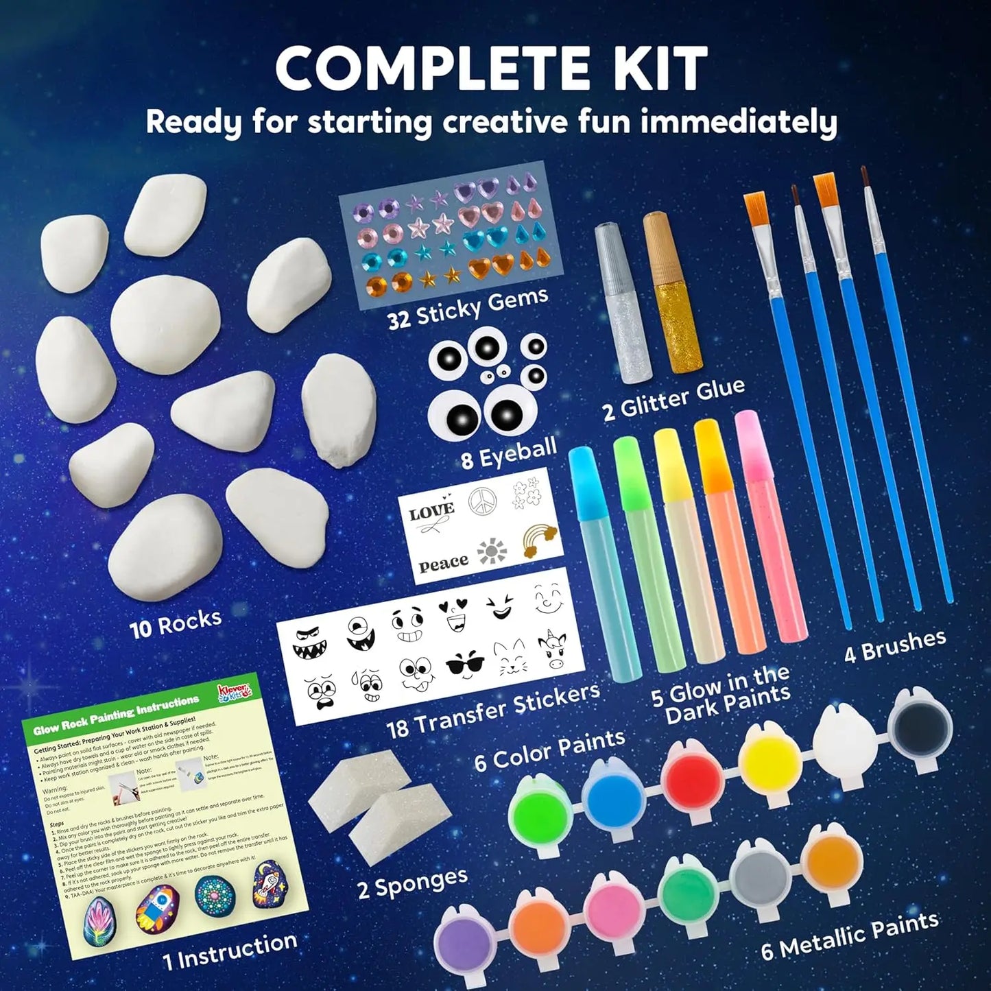 JOYFY Glow-in-the-Dark Rock Painting Kit – Arts & Crafts Toy for Kids Ages 6-12, Birthday Party Art Supplies