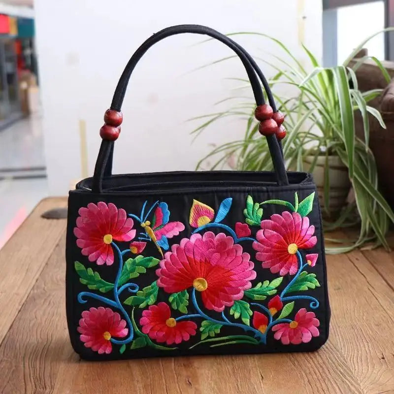 Embroidered Canvas Top Handle Bag for Women - Double Layered with Zippered Compartments, Ideal for Work and Play