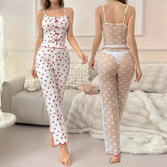 2-Piece Women’s Sexy Mesh Lace Pajama Set – Transparent Ribbed Strap Top & Pants Lounge Sleepwear