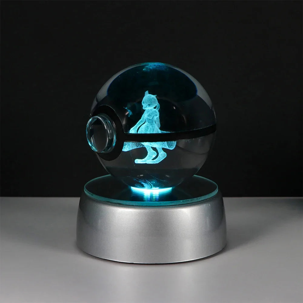 Pokémon 3D Crystal Ball LED Night Light – Pikachu Gengar Eevee Mewtwo Pokéball Base Lamp Kids Birthday & Home Decor Gift