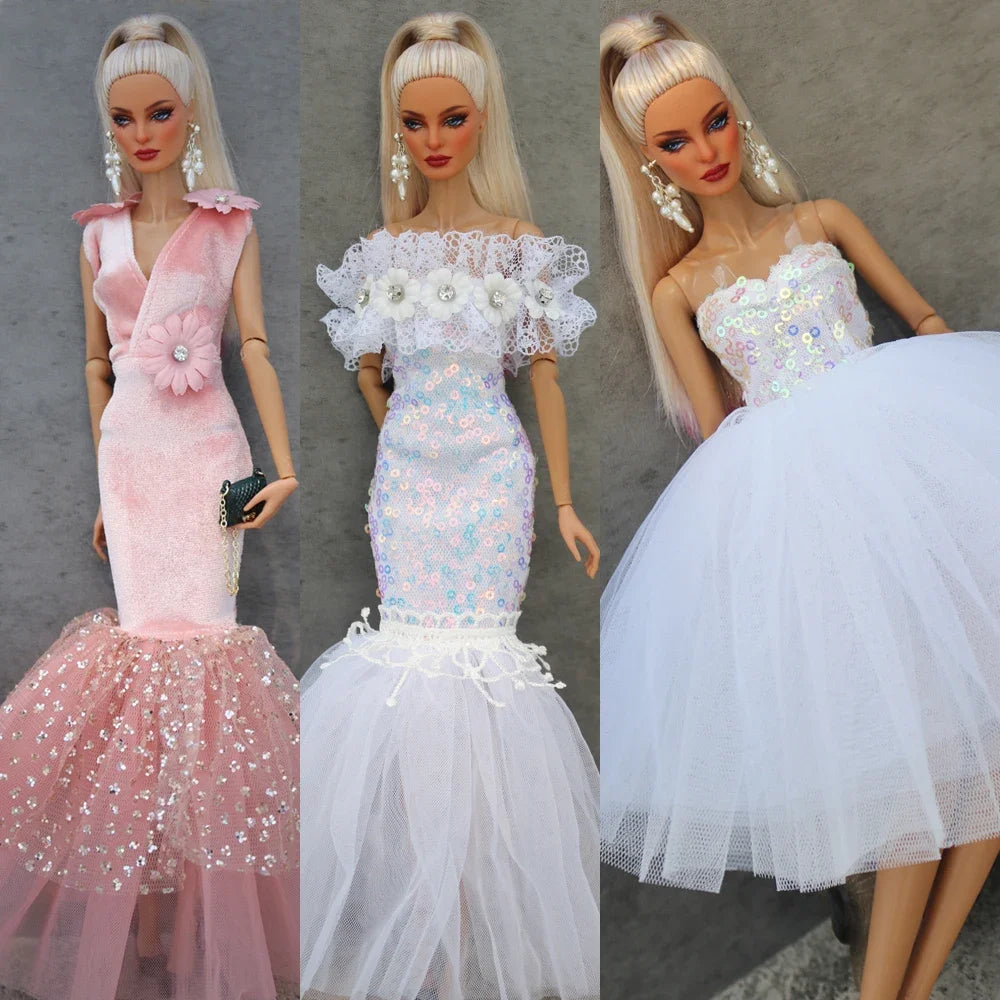 Handmade 1/6 Doll Dress – White & Pink Lace Ballet Evening Gown for Xinyi FR ST BB Dolls