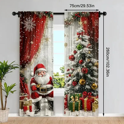 2pcs Christmas Santa Claus & Holiday Pattern Printed Curtains – Pole Bag Home & Room Decoration