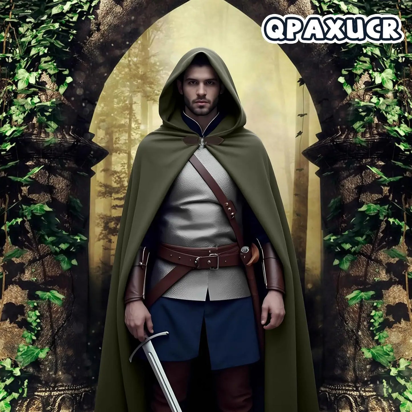 Men’s Medieval Hooded Cloak – Round Metal Buckle with Green Leaf Brooch Necklace for Halloween Costume