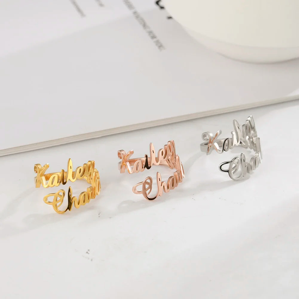 Custom Fishhook Double Name Finger Ring - Personalized Family & Couple Love Gift for Women & Men, Gold Stainless Steel Jewelry