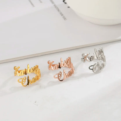 Custom Fishhook Double Name Finger Ring - Personalized Family & Couple Love Gift for Women & Men, Gold Stainless Steel Jewelry