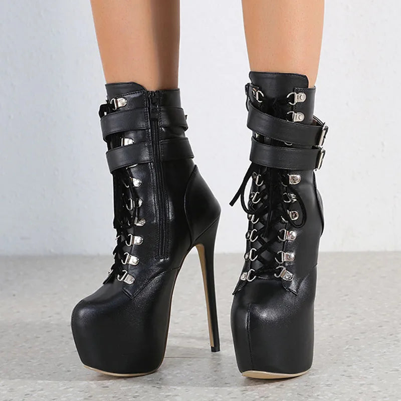 Women’s 16.5CM Extreme Platform Boots - Buckle Strap Round Toe Lace-Up Party Club High Heels