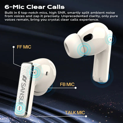 Sansui ANC Bluetooth TWS Earbuds – 52dB Active Noise Cancelling, Bluetooth 5.4 True Wireless Earphones with 6 Mic HD Calls