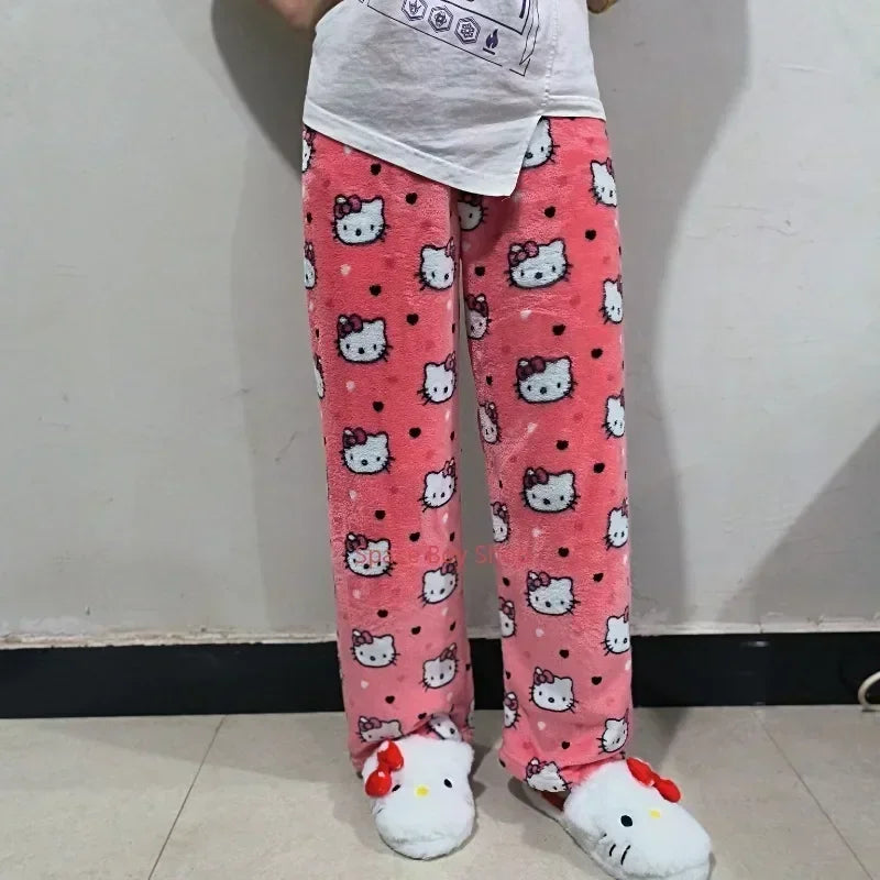 Thick Hello Kitty Fleece Pajama Pants – Soft Double Elastic Anime Trousers for Women, Cute Sanrio Birthday Gift