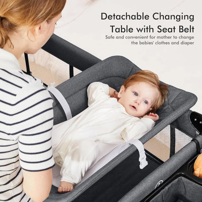 5-in-1 Baby Bassinet – Bedside Crib & Playpen with Diaper Changer and Removable Rocker, Pack and Play Convertible Baby Bed