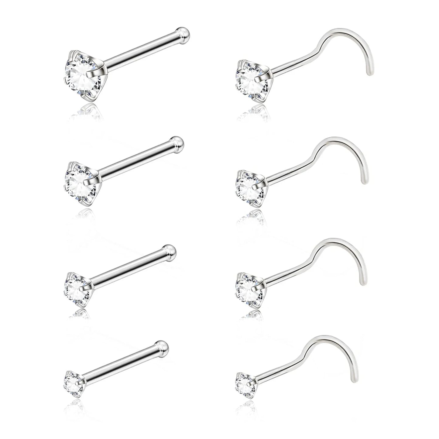 5PCS Stainless Steel Nose Ring Studs — Crystal Nostril Piercing Jewelry for Women & Girls, 1.5/2.0/2.5/3.0mm, 20G