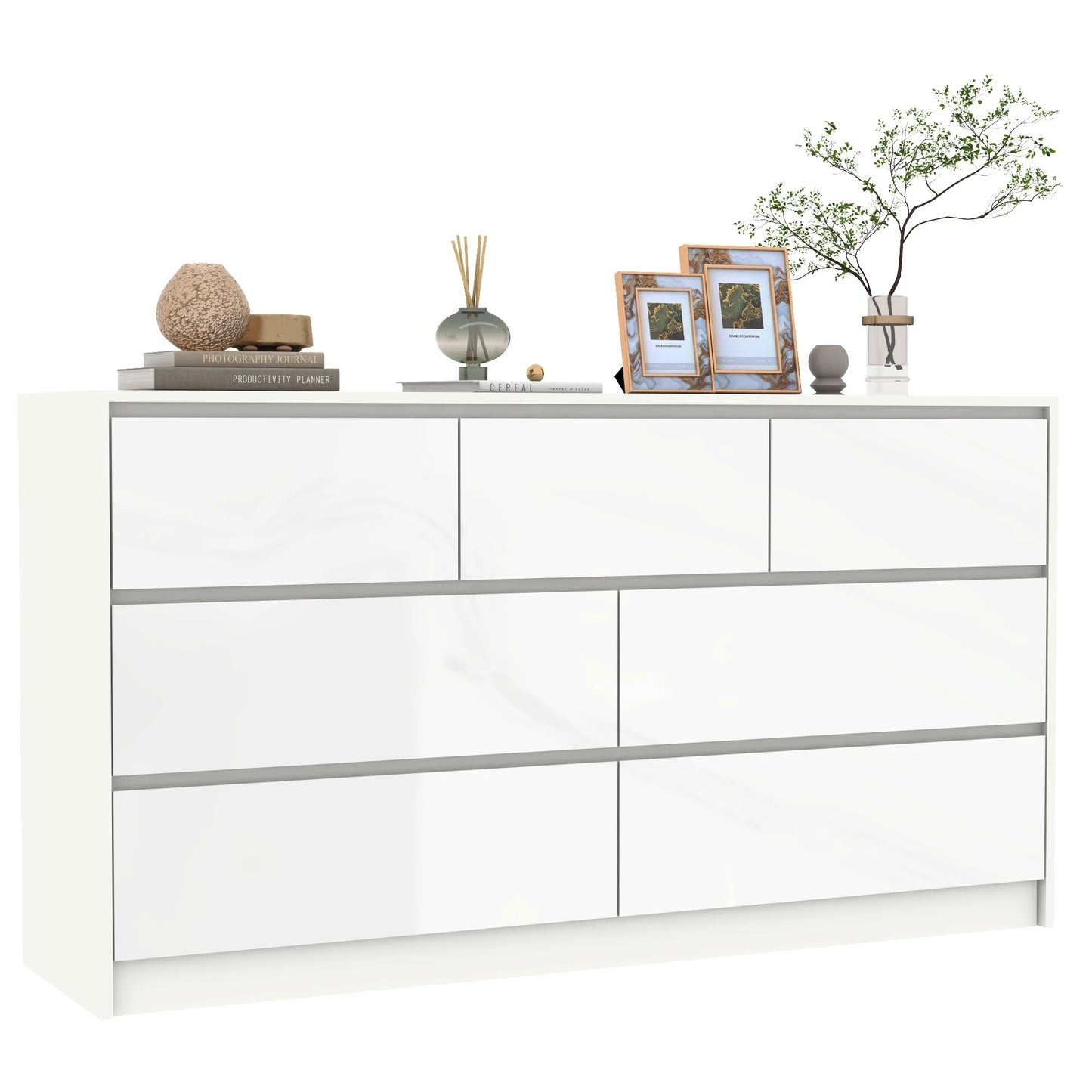 55-Inch Modern 7-Drawer Dresser – High Gloss White/Black Wooden Chest for Bedroom Storage