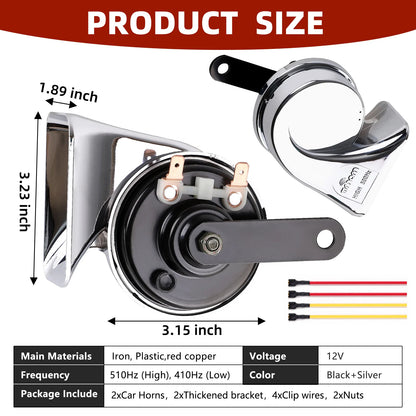 Universal 12V Dual Tone Car Horn – High/Low Chrome-Plated Waterproof Snail Horn for Car, Truck & Motorcycle