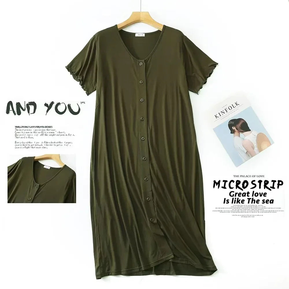 Women’s Modal Short-Sleeve Night Dress – Mid-Length Cotton Sleep Top with Buttons, Plus Size Pajamas