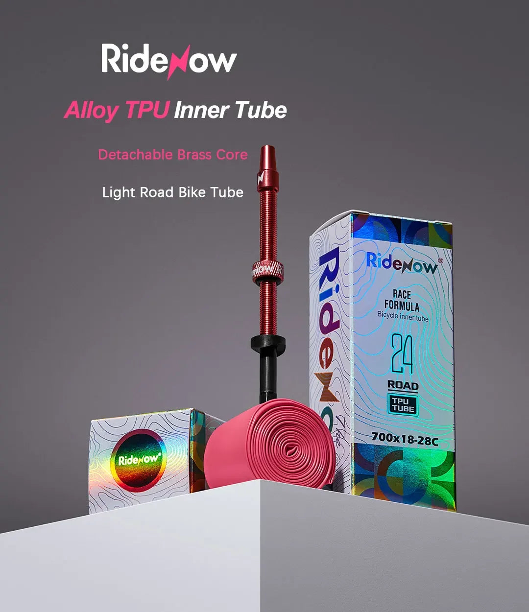 RideNow Metal Nozzle TPU Inner Tube – Removable Valve Cores, External Thread, 700C x 18-32C/32-47C Road Bike & Gravel Presta Valve