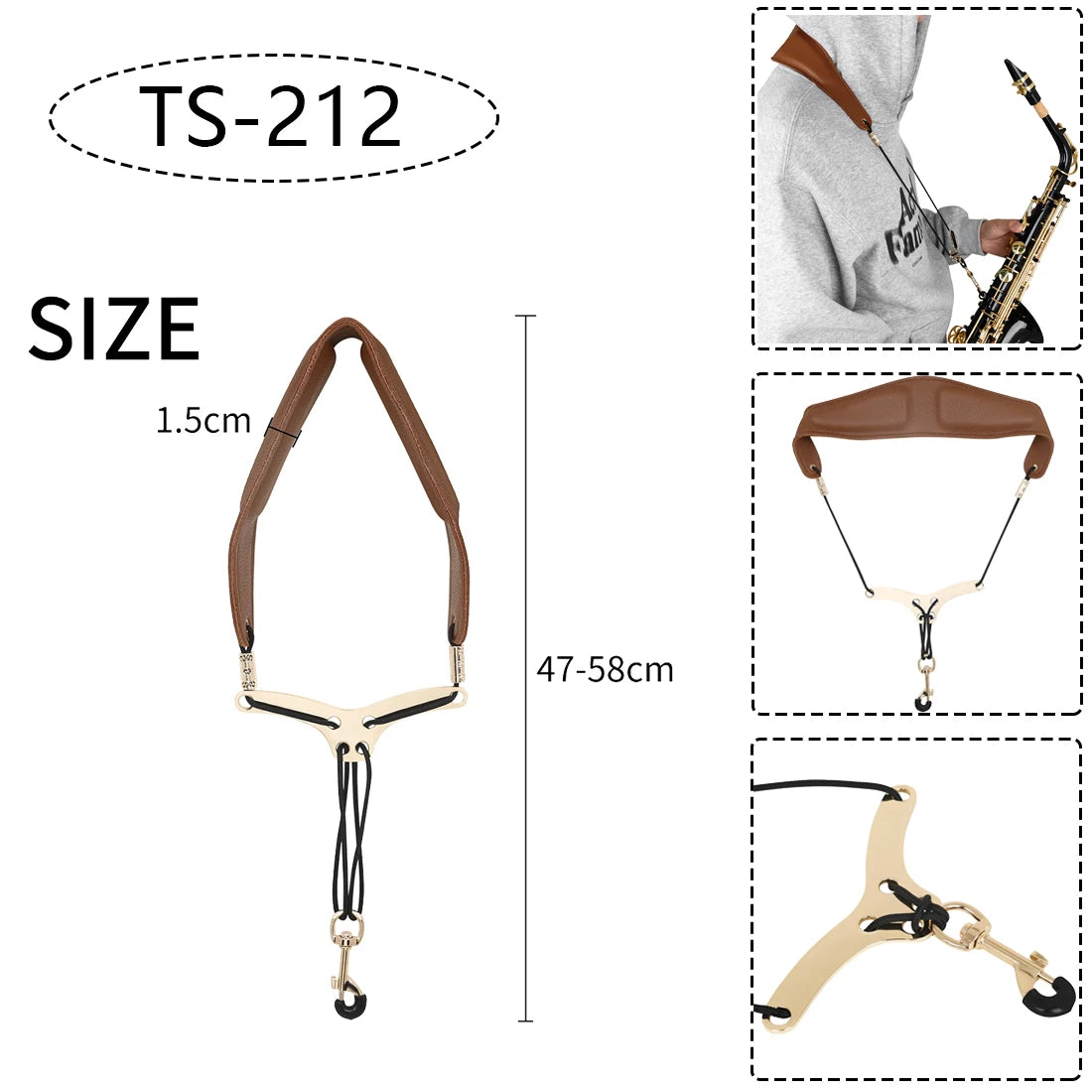 Saxophone Neck Strap - Adjustable Leather Universal Fit for Soprano, Alto, Tenor Sax with Secure Closed Hooks