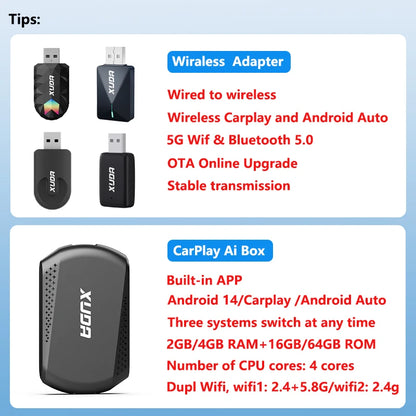 XUDA 2-in-1 Wireless CarPlay & Android Auto Mini Box — Plug & Play AI Adapter Compatible with 99% of Car Radios