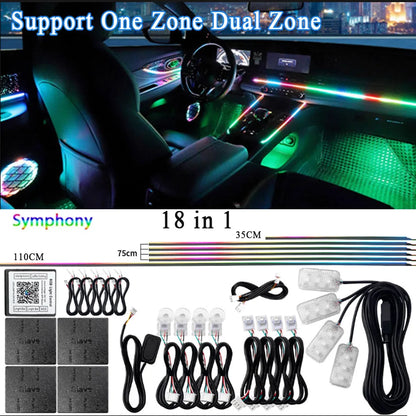 14/18 in 1 RGB LED Car Ambient Light - Acrylic APP Controlled Interior Atmosphere Lamp Kit with 64/213 Colors for One & Dual Zone Lighting