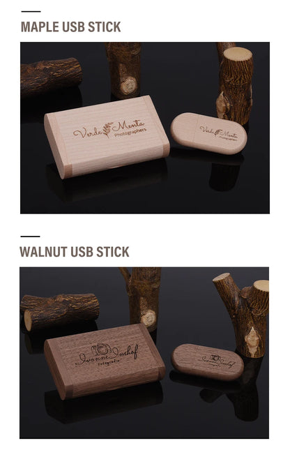 Custom Logo Wooden USB 2.0 Flash Drive with Box – 4GB 16GB 32GB 64GB Memory Stick for Wedding Photography Gifts