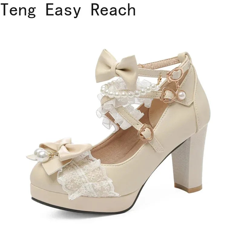 Women’s Cross Strap Mary Jane High Heels – Party, Wedding, Cosplay Lolita Pumps in White, Pink, Black, Strawberry Bow 2025