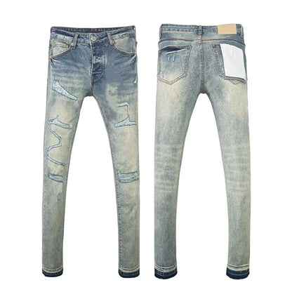 Men's Graffiti Washed Jeans - Retro Distressed Low Rise Skinny Denim Pants