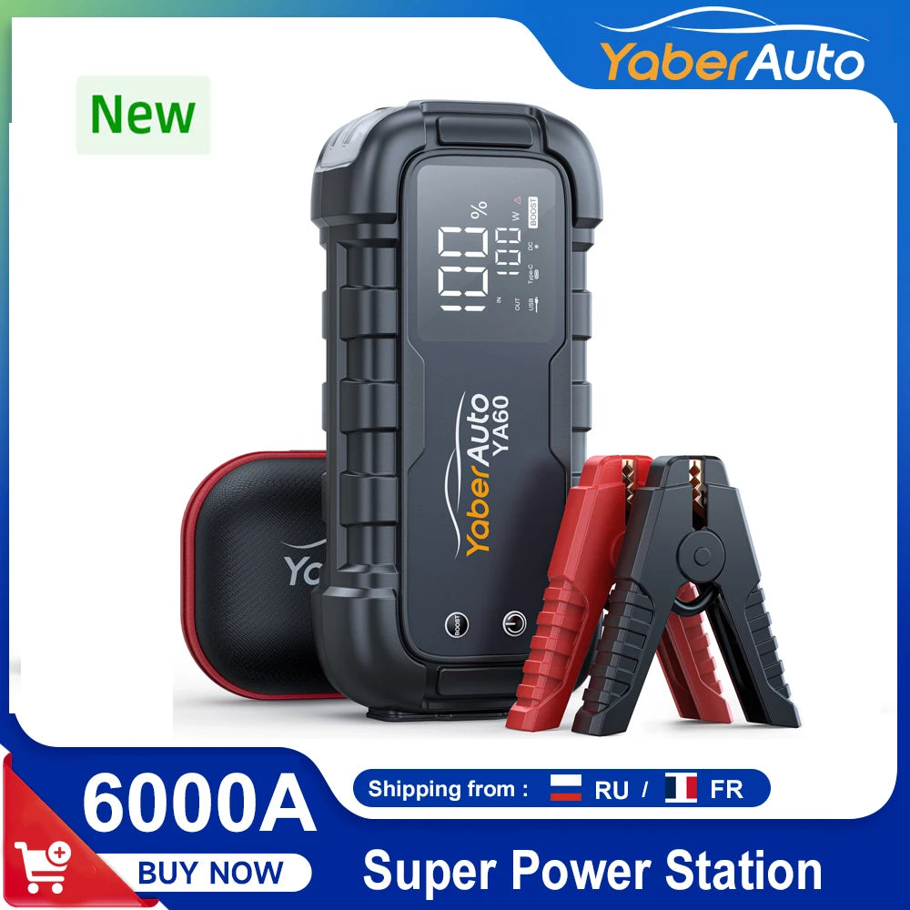 6000A Car Jump Starter - 150W DC Battery Charger with LED Screen 600 Lumens Flashlight Emergency Starting Device