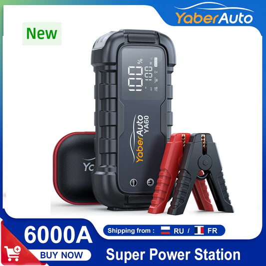 6000A Car Jump Starter - 150W DC Battery Charger with LED Screen 600 Lumens Flashlight Emergency Starting Device