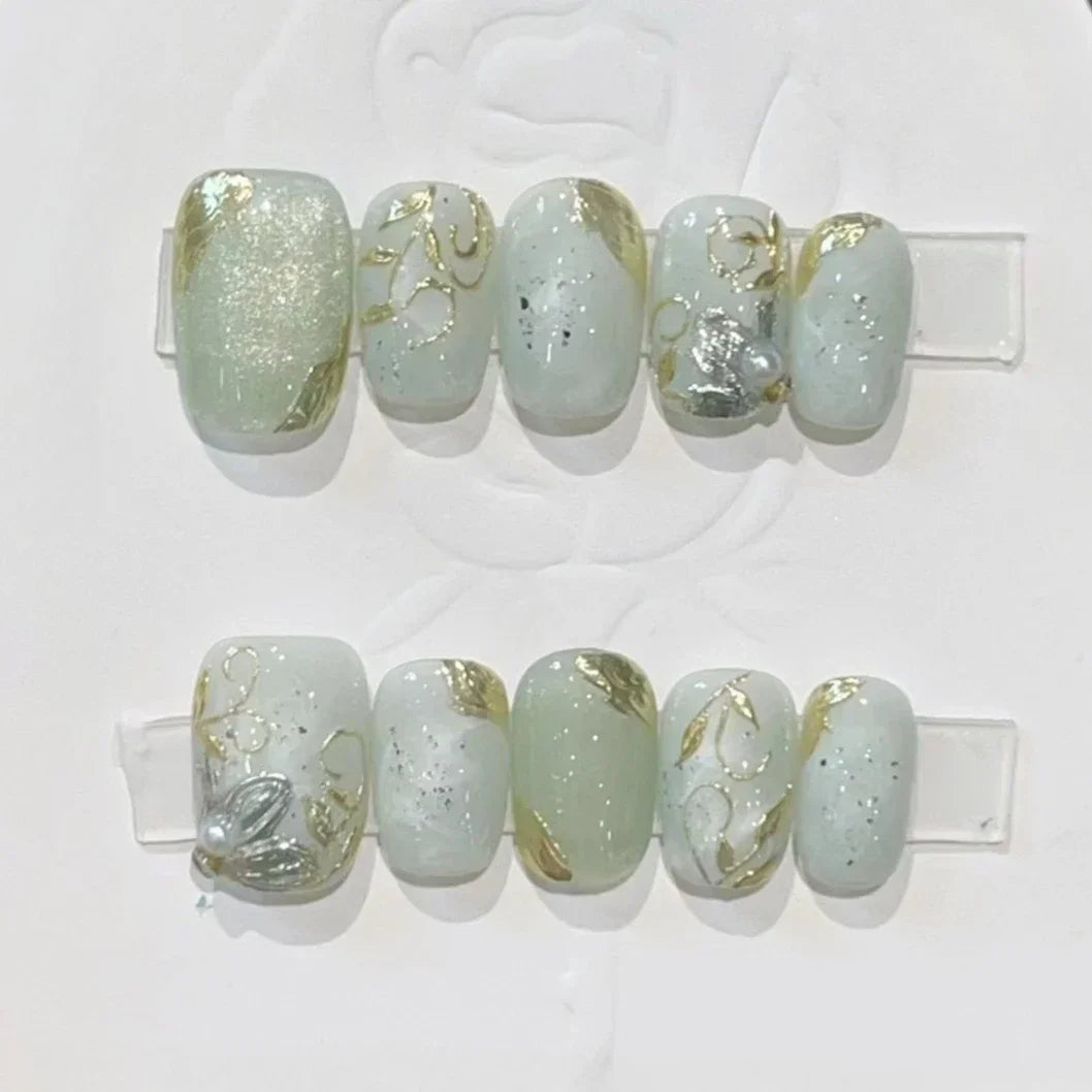 10 Pcs Handmade Short Square Press-On Nails – Full Cover Flower & Cat Eye Ballet False Nails Manicure Tips