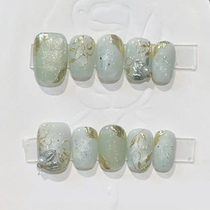 10 Pcs Handmade Short Square Press-On Nails – Full Cover Flower & Cat Eye Ballet False Nails Manicure Tips