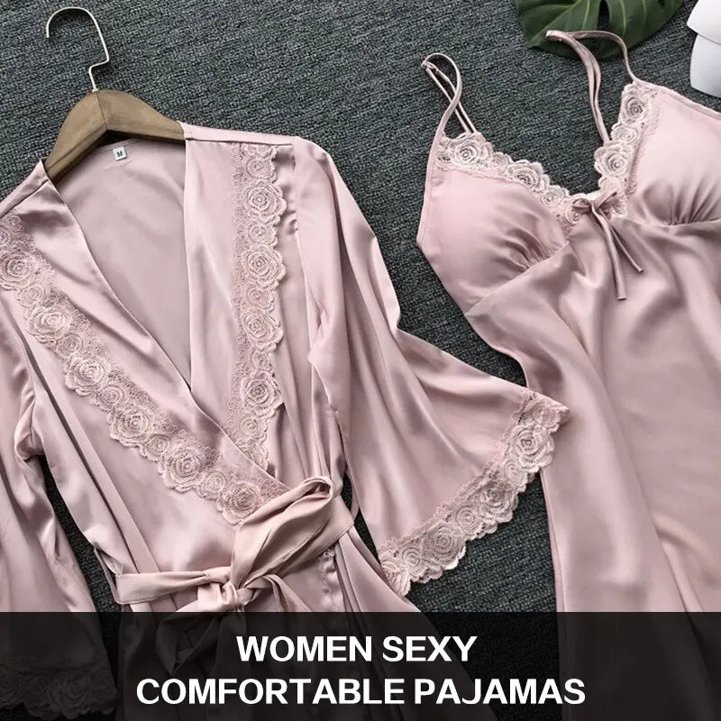 2PCS Satin Lace Pajamas Set - Elegant Female Sleepwear with V-Neck Lace Robe for Wedding Nightwear