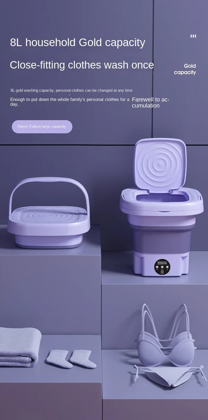 8L Portable Foldable Washing Machine – Mini Washer with Spin Dryer for Socks, Underwear & Panties