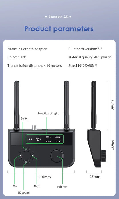 3D Stereo Bluetooth 5.3 Audio Receiver | Optical, Coaxial, 3.5mm AUX Output Wireless Adapter for Car and Speakers