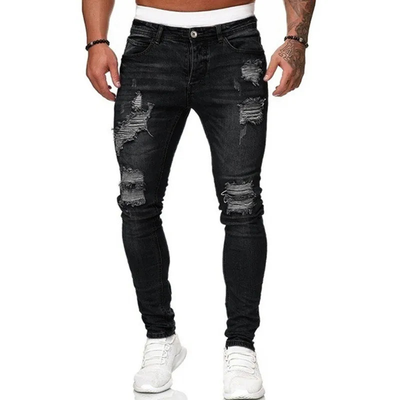 Men’s Ripped Skinny Jeans - Vintage Wash Slim Fit Denim Pants with Street Style Casual Look
