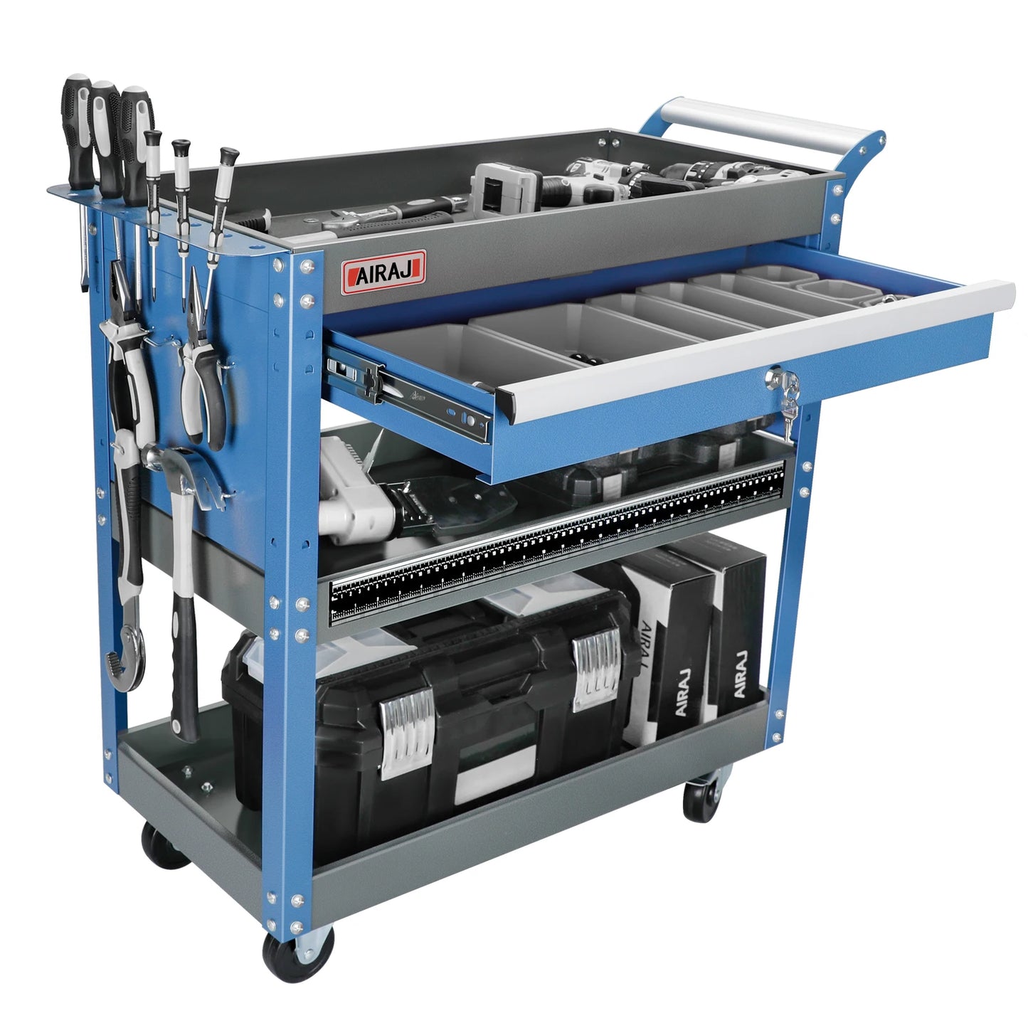 AIRAJ 3-Tier Rolling Tool Cart on Wheels - 440 lbs Capacity Storage for Garage & Warehouse, Available in Blue/Black/Red