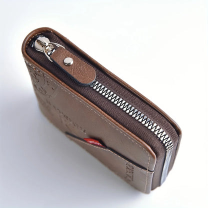 Men’s PU Leather Wallet – Wax Oil Skin Short Purse with Zipper, Coin Pocket & Card Holder