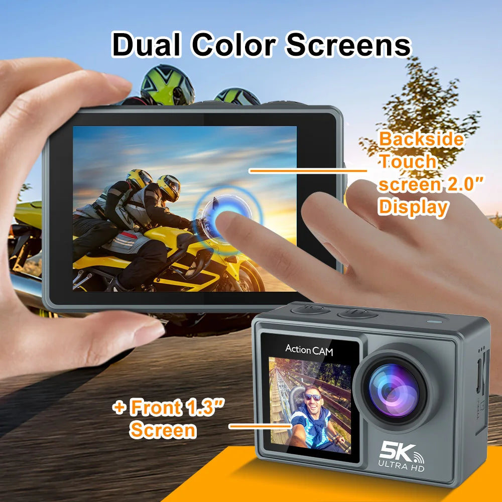 5K Action Camera – 4K 60FPS Dual IPS Touchscreen, WiFi, 170° Wide-Angle, 30M Waterproof, 5X Zoom, Anti-Shake, Remote Control
