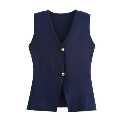 TRAF 2024 Women's Knit Vest Top – Cropped Sleeveless, Button Front, Summer Knitted Holiday Short Tops
