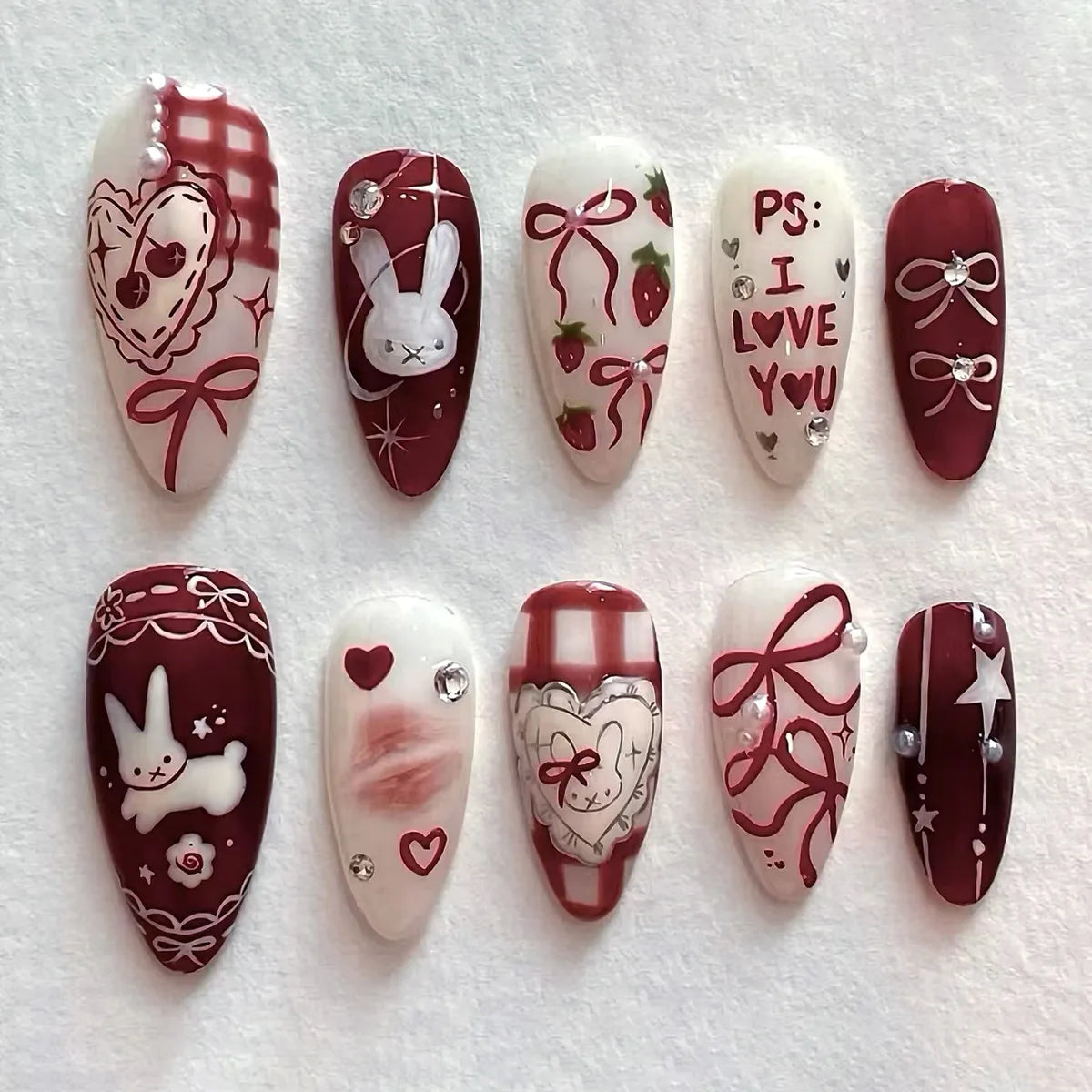 24PCS Strawberry Bow Press On Nails - Red Short Almond Pearl Starlight Floral False Nail Art Tips