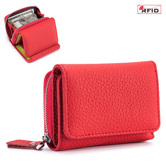 Genuine Leather Women’s Wallet — Small Zipper Coin Purse, Short Cowhide RFID Card & Money Holder, Perfect Gift for Women