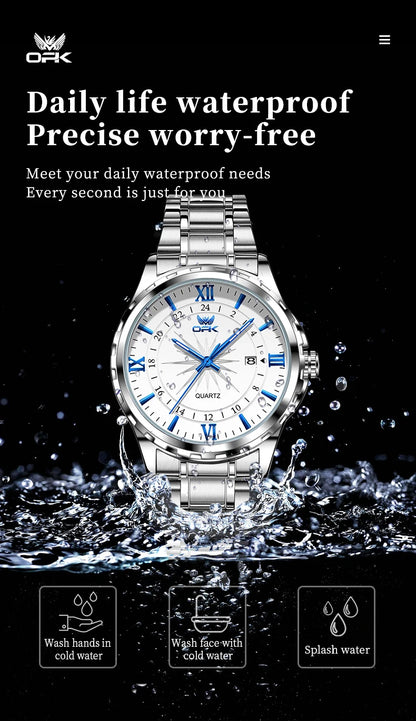 OPK Men's Quartz Watch — Steel Belt Dual Calendar Wristwatch Model 6003