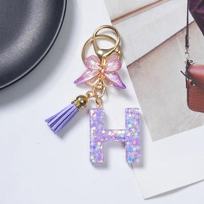 A-Z Initial Letter Sequin Keychain - Purple Butterfly Tassel Resin Keyring Backpack Charm Gift