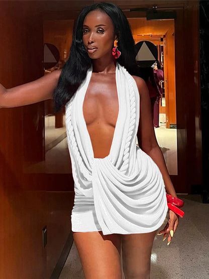 Weird Puss Women’s Halter Ruched Mini Dress – Sexy Backless Patchwork Bodycon, Stretch Elegant Birthday & Christmas Party Dress