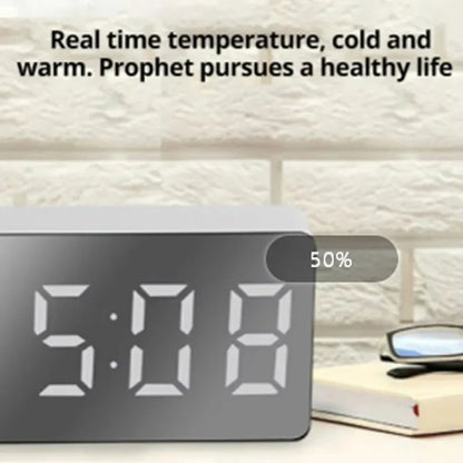 White LED Mirror Alarm Clock – USB Desktop Clock with Time Display, Snooze & Night Light for Home Decor