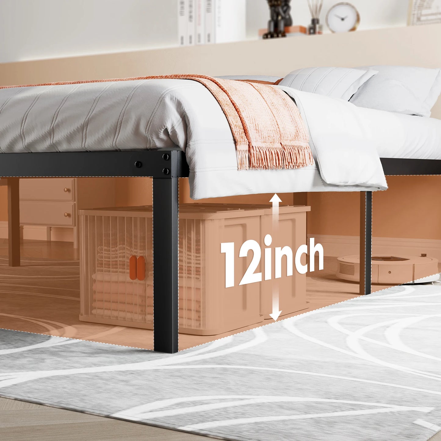 Metal Bed Frame with Storage – Twin, Full, Queen & King Size Platform with Steel Slat Support 350lbs