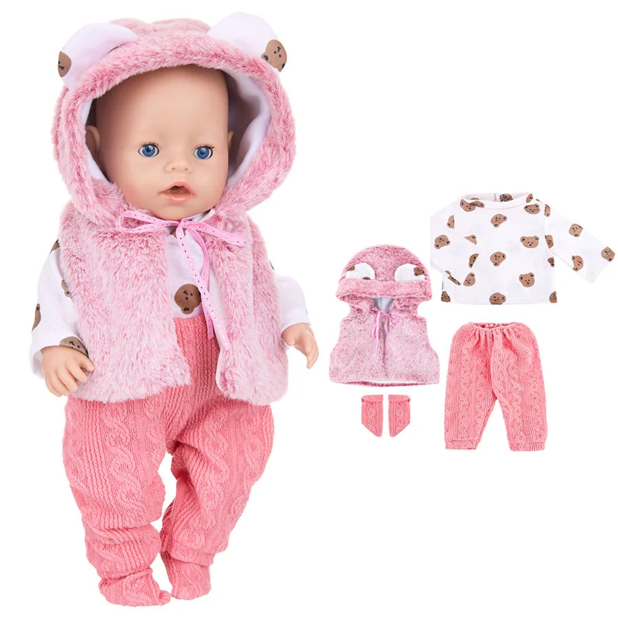 43cm Baby Doll Clothes Set – Leather Jacket, Pants & Rompers for 18-Inch American Dolls, Winter Outfit