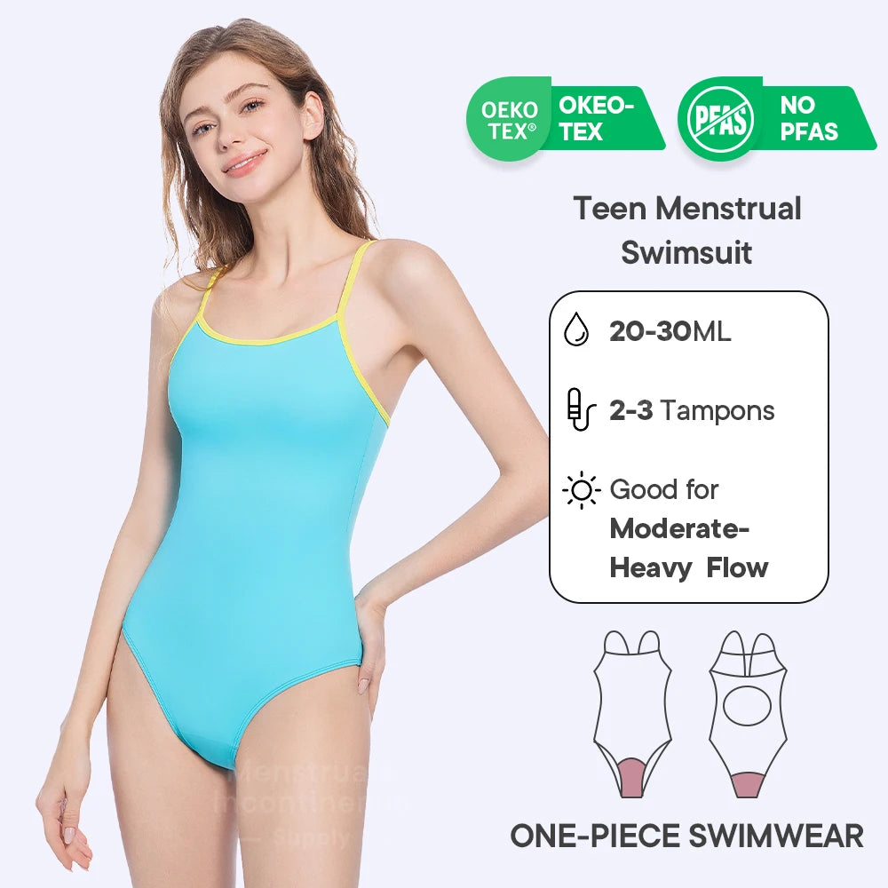 Teen Menstrual Swimsuit - Reusable One Piece Period Swimwear with 4-Layer Leakproof Absorption Protection