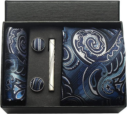 100% Silk Men’s Necktie Set with Paisley Floral Design, Business Tie with Pocket Square, Tie Clip & Cufflinks Gift Box Set for Men