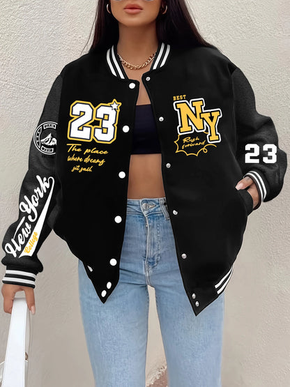 New York 23 Letter Print Women’s Harajuku Fleece Baseball Jacket – Vintage Button-Up Loose Streetwear Jersey Coat