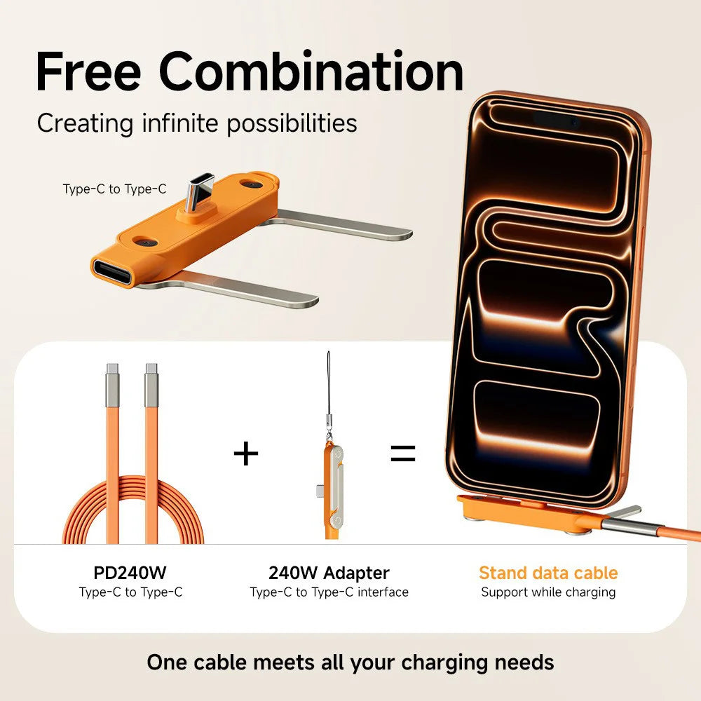 2-in-1 Foldable Phone Holder with USB-C to USB-C 240W Fast Charging Cable – Dual PD High-Speed Data & Charging Stand Cable for Mobile Devices