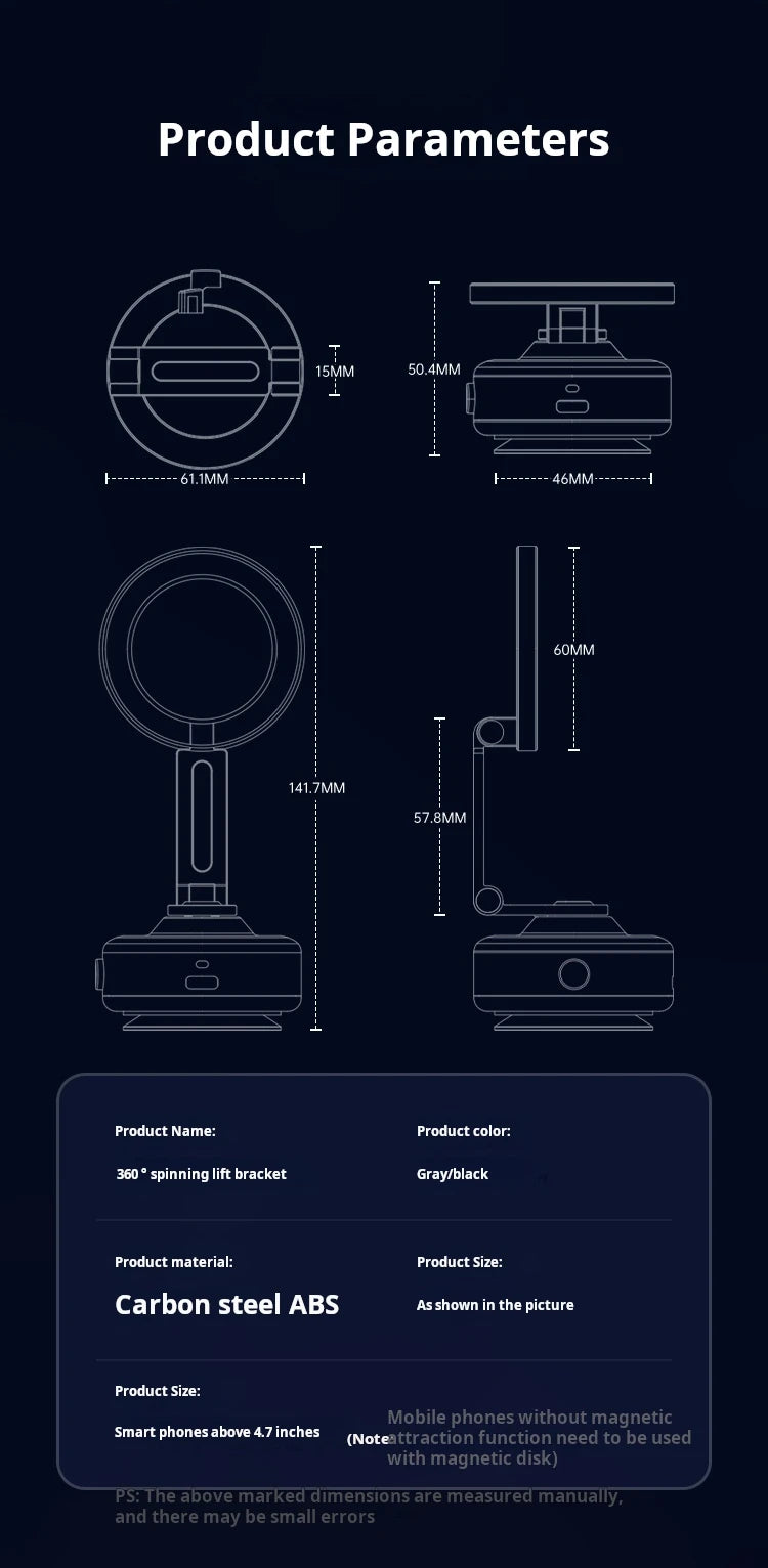 Magnetic Vacuum Adsorption Car Mount – Foldable 360° Rotating Aluminum Alloy Phone Holder for Smartphones