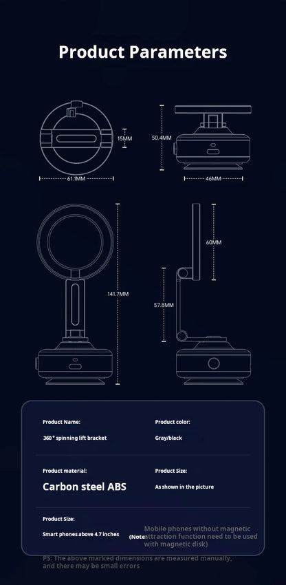 Magnetic Vacuum Adsorption Car Mount – Foldable 360° Rotating Aluminum Alloy Phone Holder for Smartphones